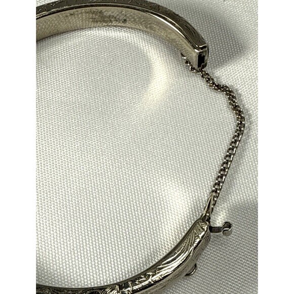 Vtg Victorian Revival Flower Silver Tone Safety Chain Hinged Bracelet Size 6 - Picture 7 of 8
